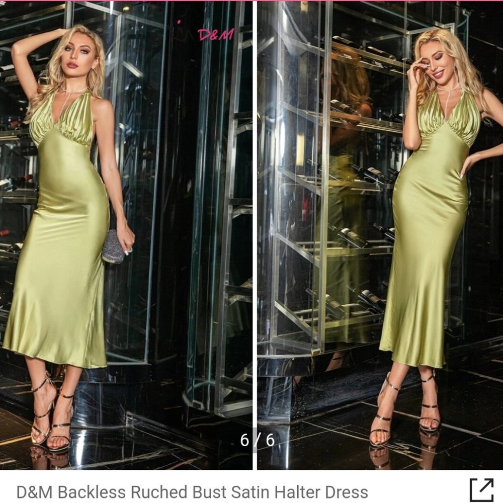 Backless ruched bust green halter satin dress